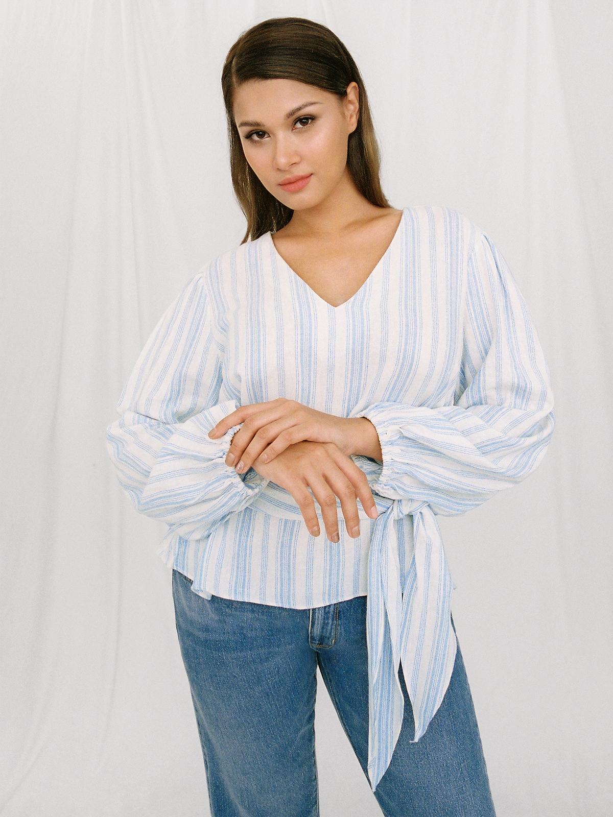 Purpose Puffed Sleeves Waist Tie Blouse - Blue