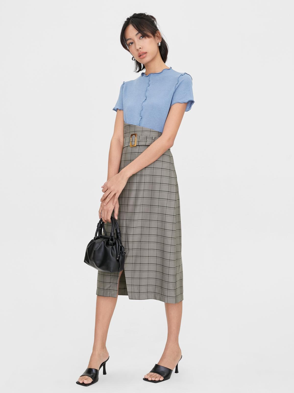 Plaid Single Slit Skirt - Dark Grey