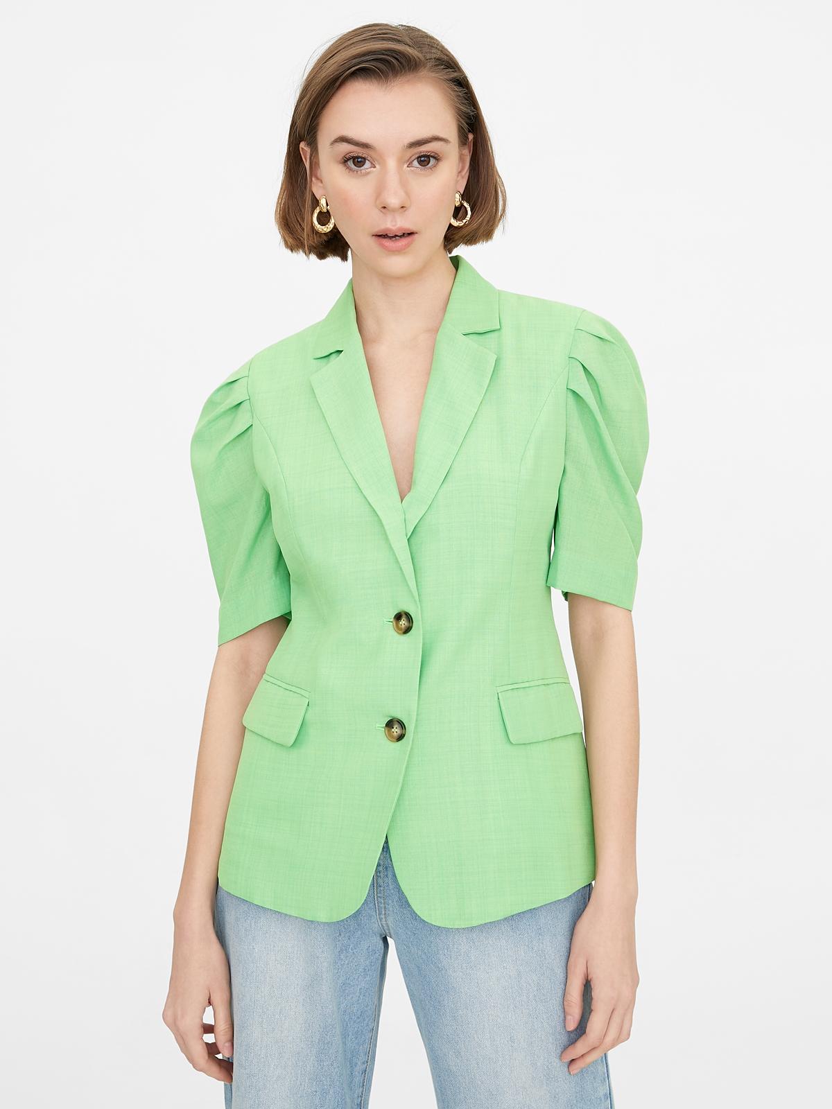 Double Button Puffed Sleeves Blazer - Green