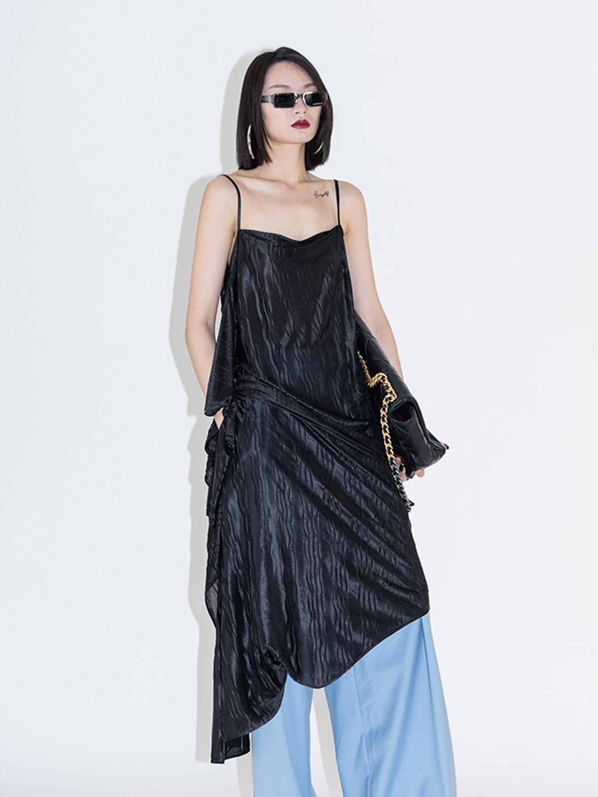 Asymmetrical Side Slit Dress - Black