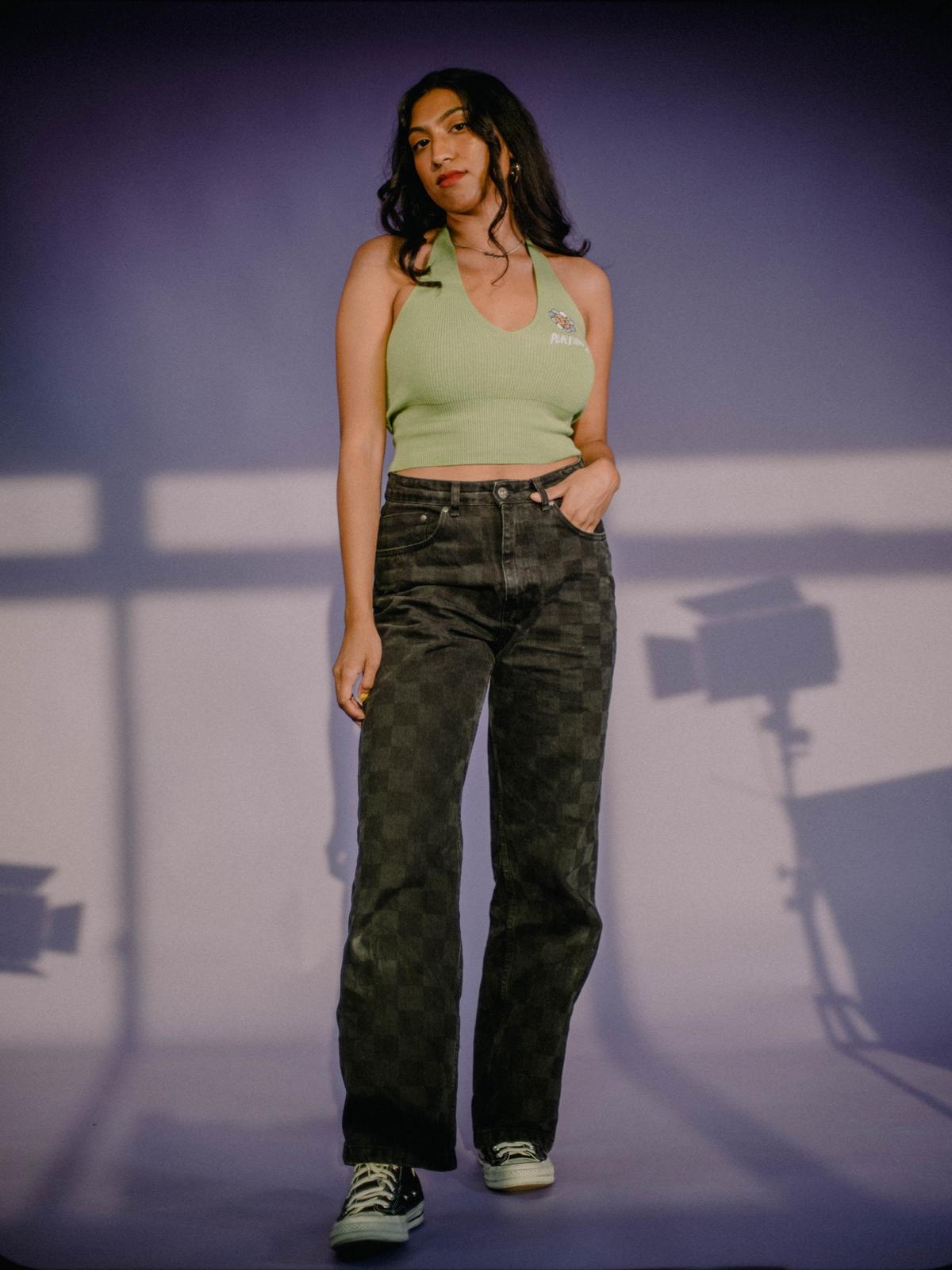 Black Hoodie Daisy Halter Neck - Green