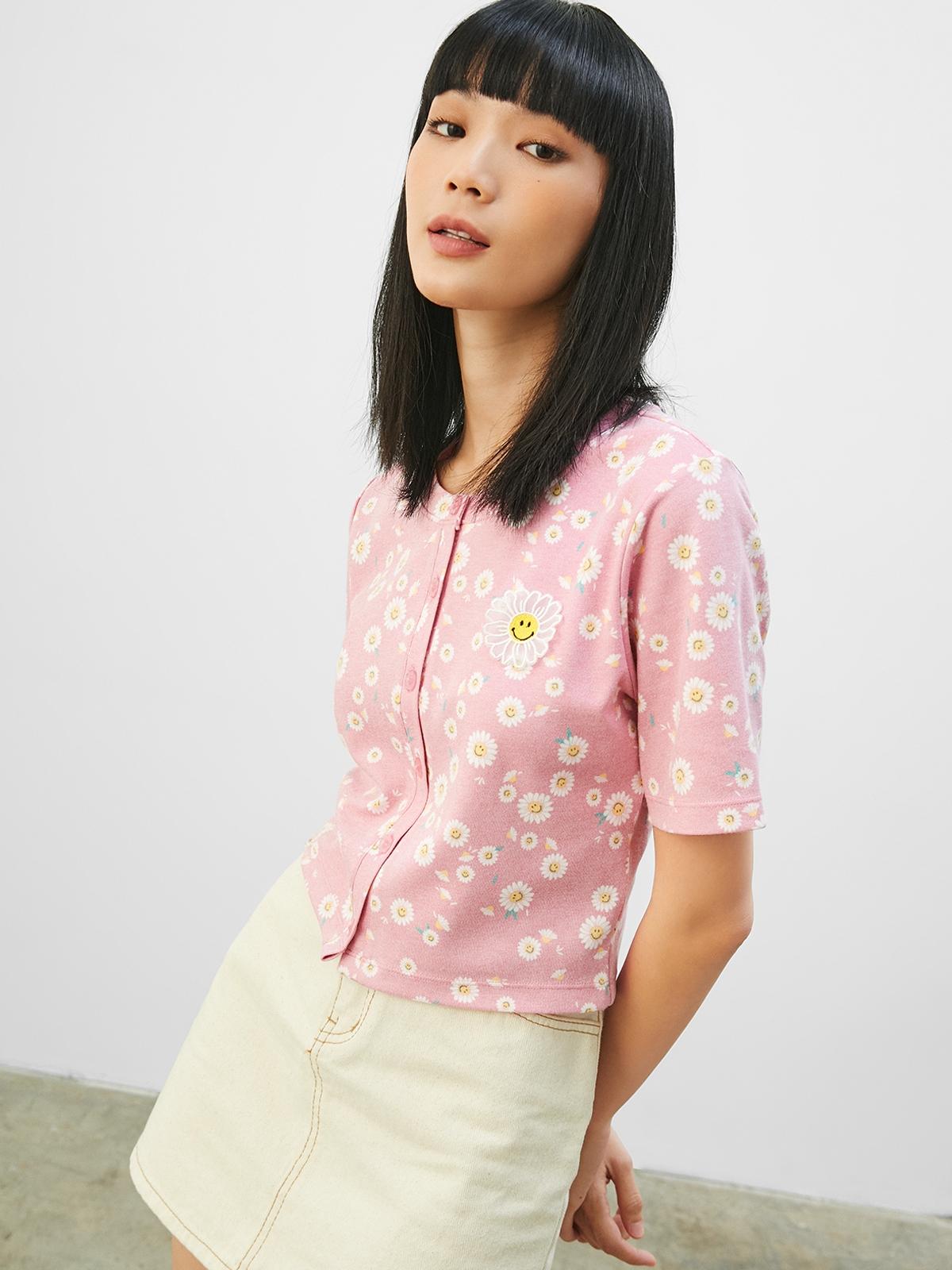 Pomelo x Smiley® Sustainable Button Up Floral Print Crop Top - Pink