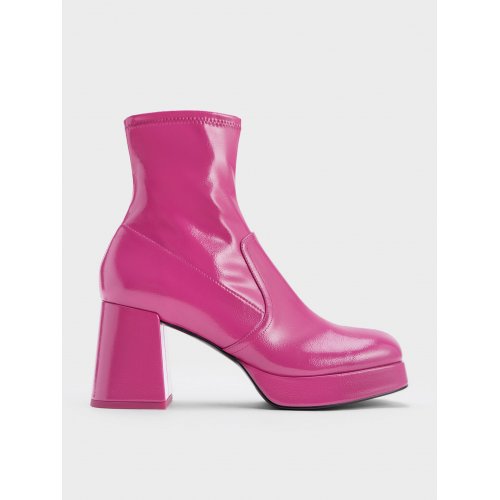  Patent Crinkle-Effect Block-Heel Boots - Fuchsia 