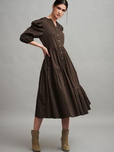 Tiered Poplin Midi Dress - Cocoa