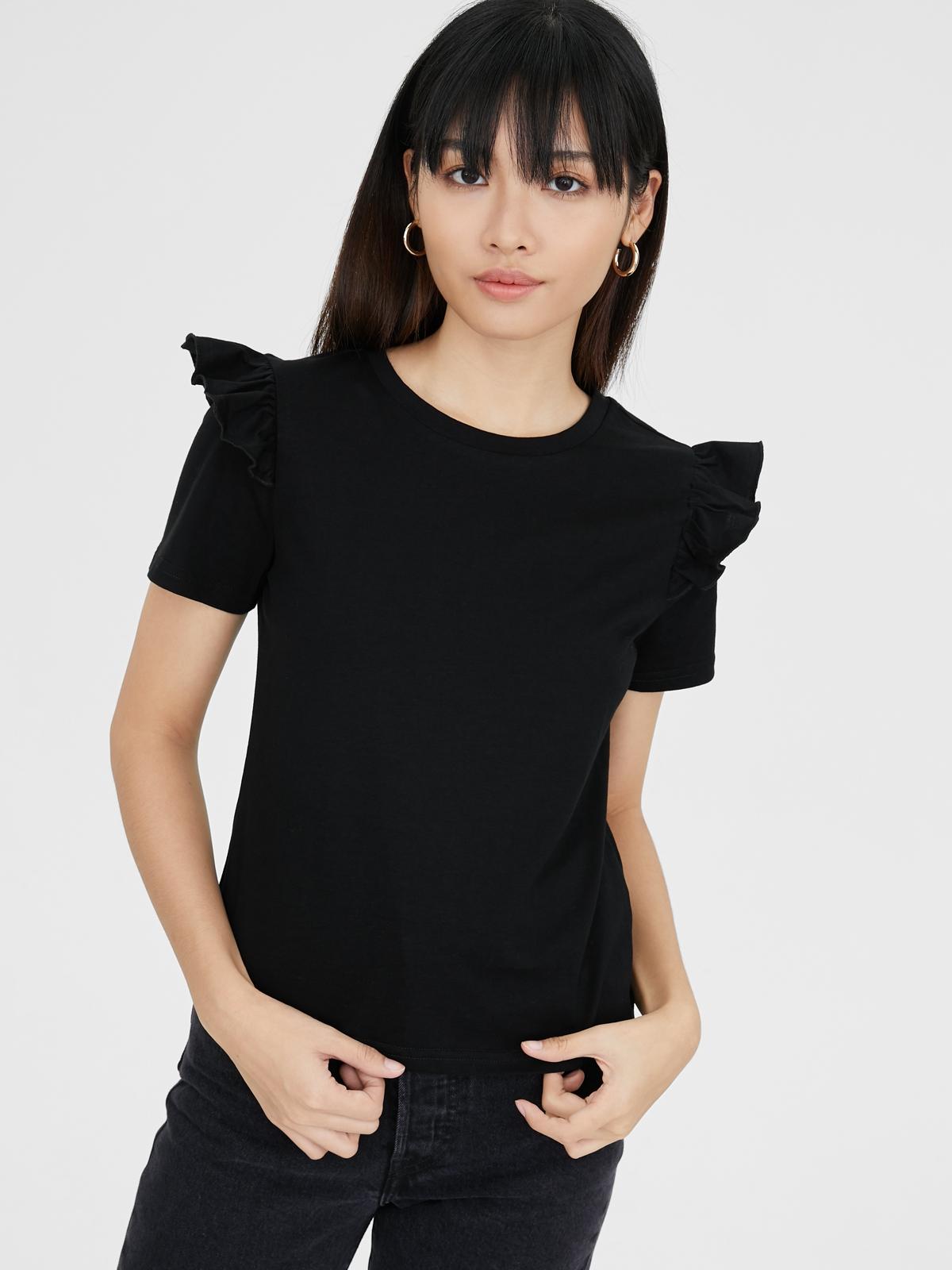 Ruffle Shoulder Basic Tee - Black
