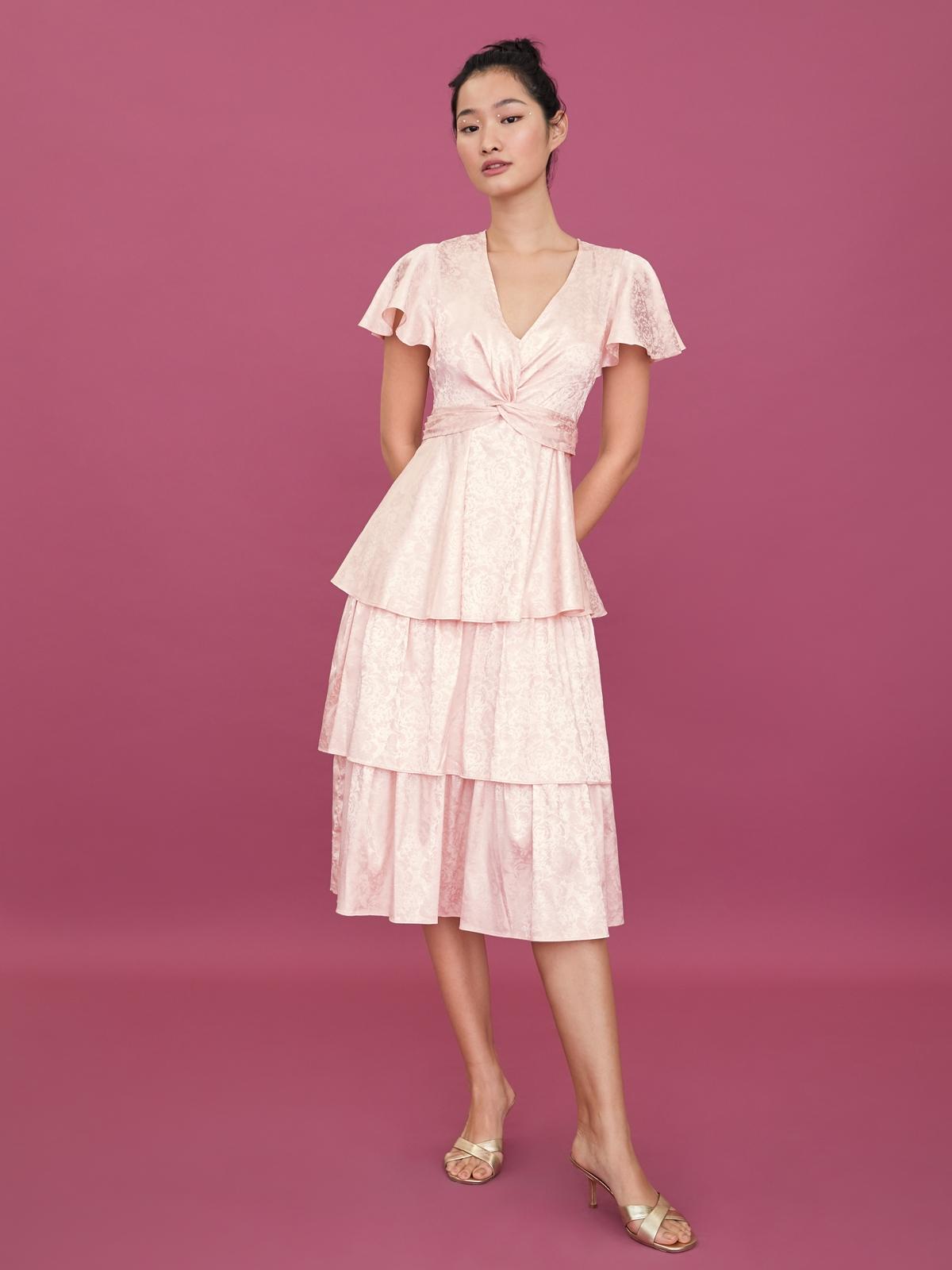 Tier Ruffled V Neck Dress - Cream