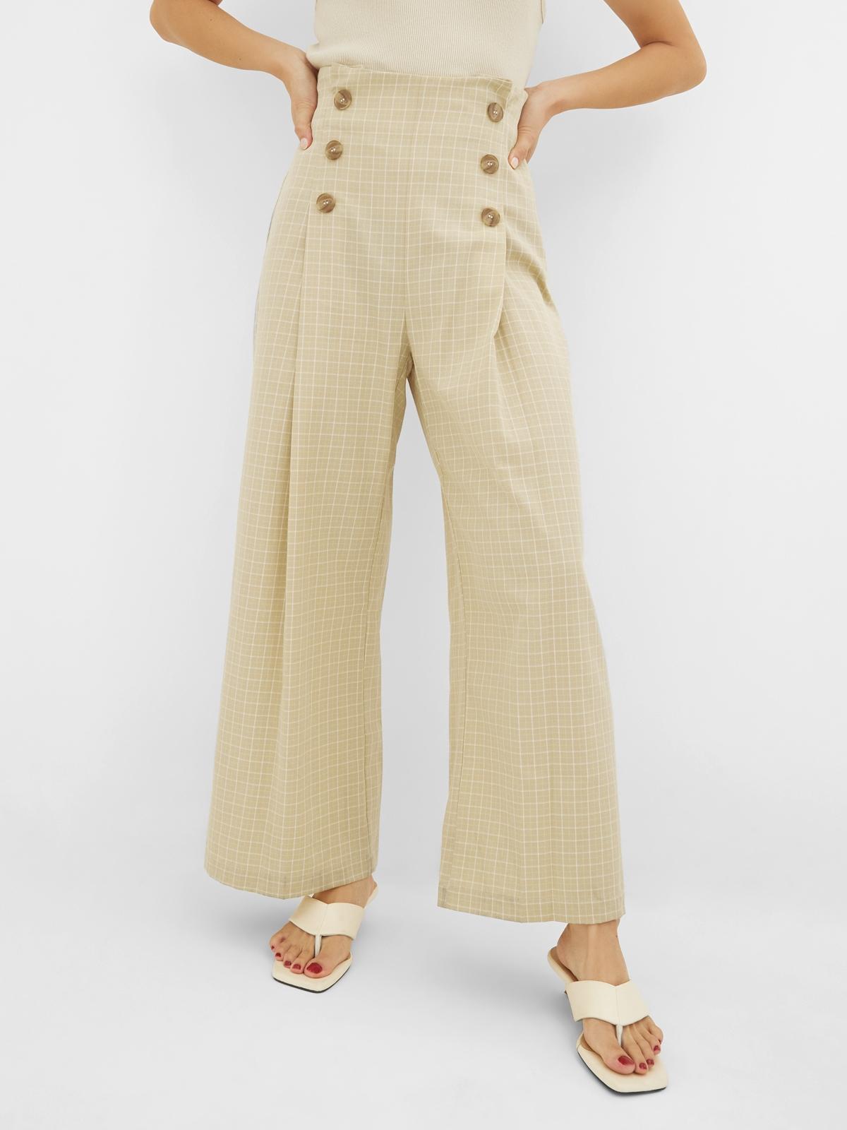 Plaid Print Wide Leg Pants - Beige
