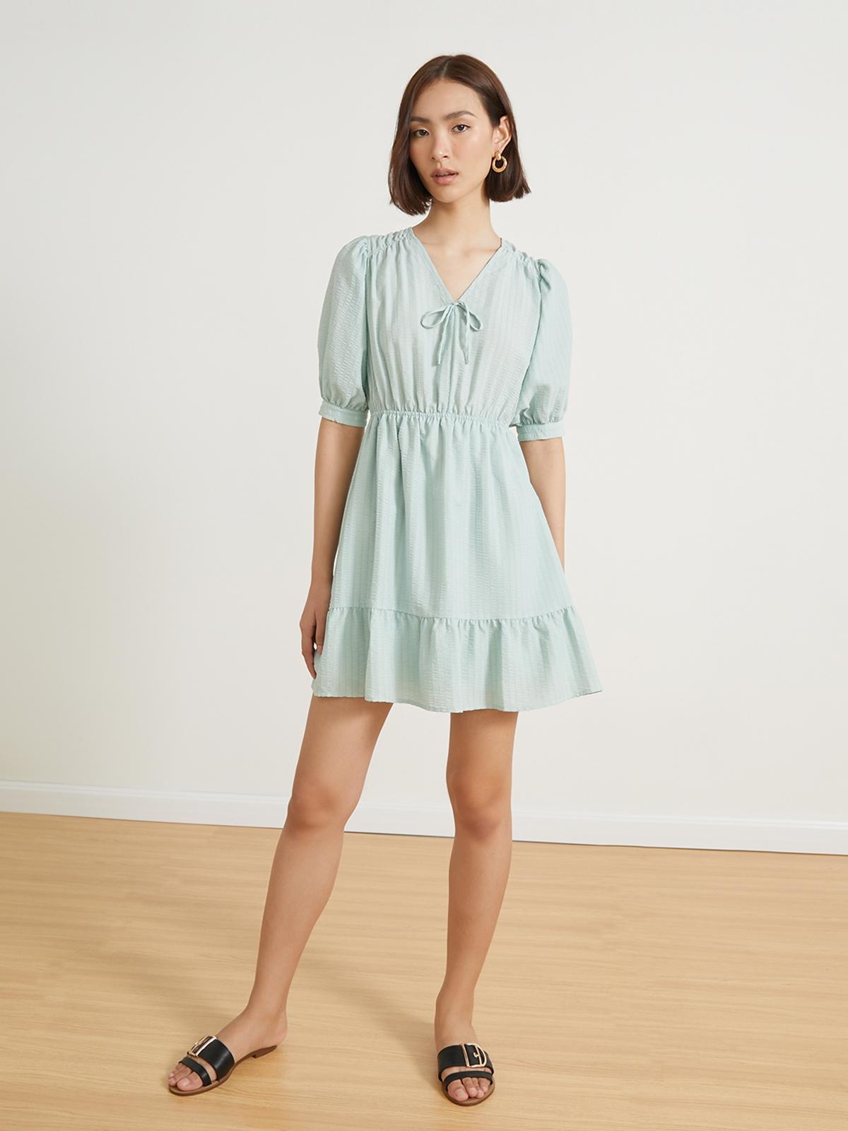 Feminine Bow Flare Dress - Green