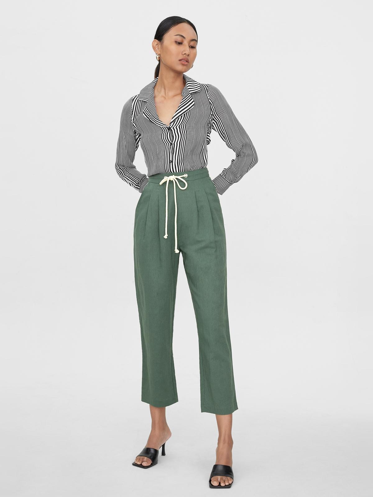 Rope Belt High Waist Pants - Green