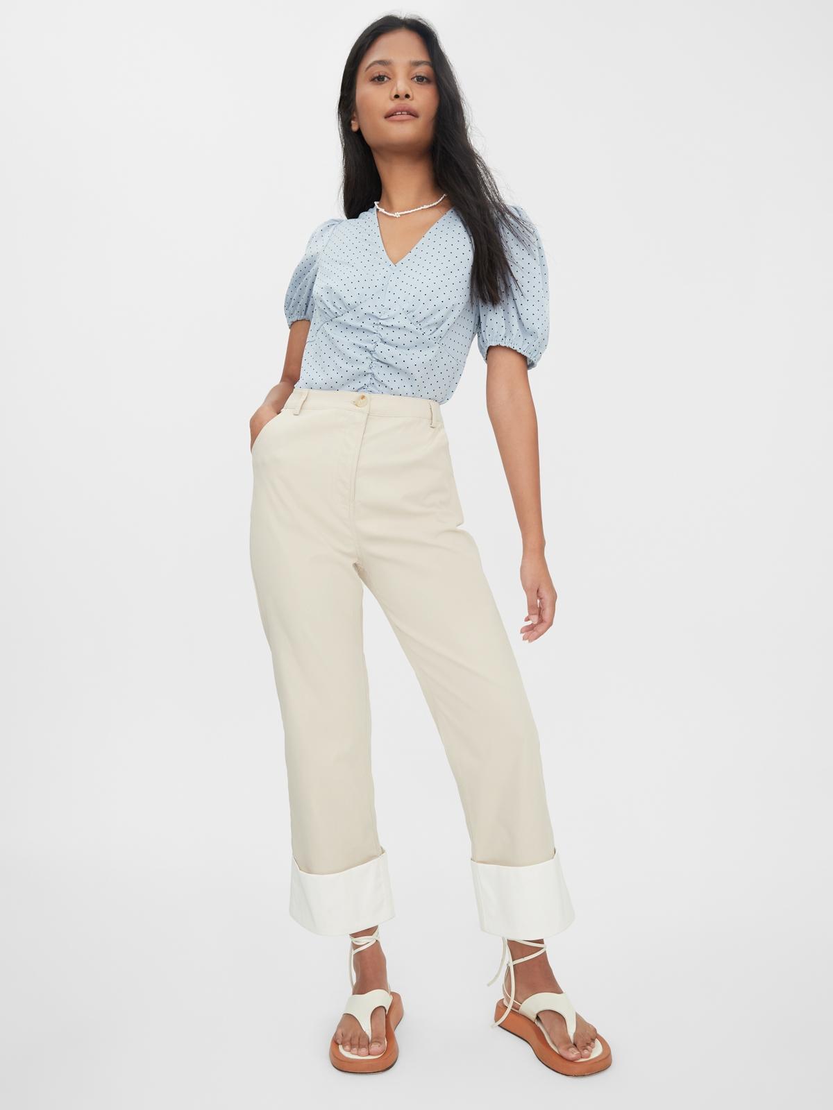 High Waist Folded Hem Pants - Beige