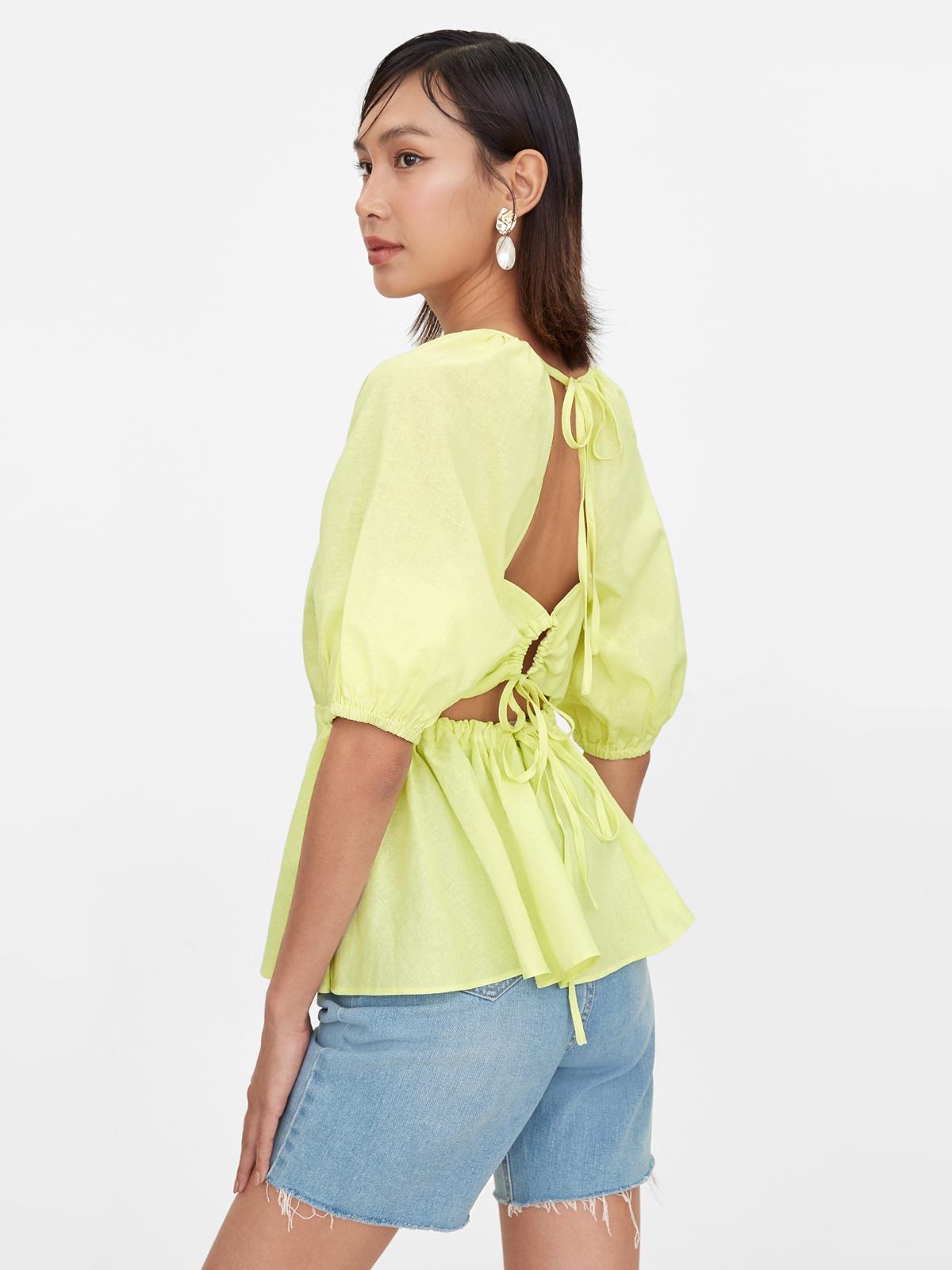 Puff Sleeves Open Back Peplum Blouse - Yellow