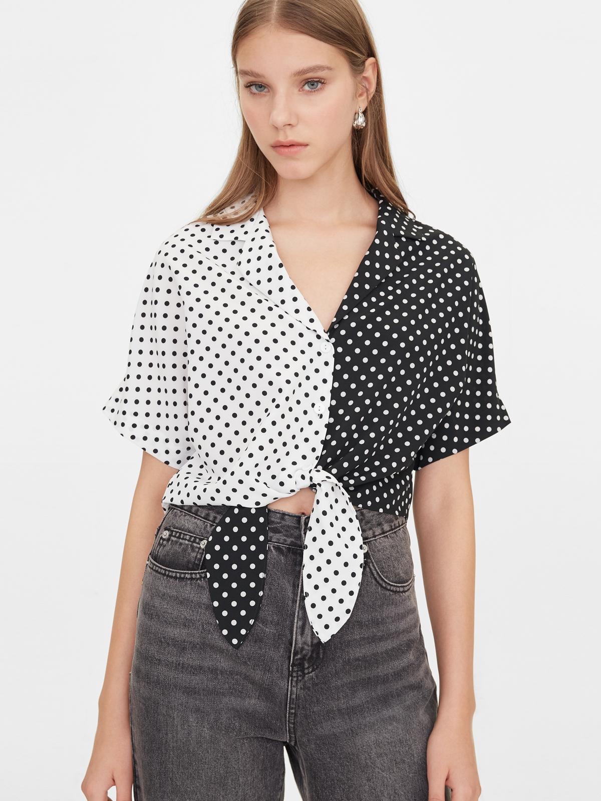 Two Tone Polka Dot Tie Top - White