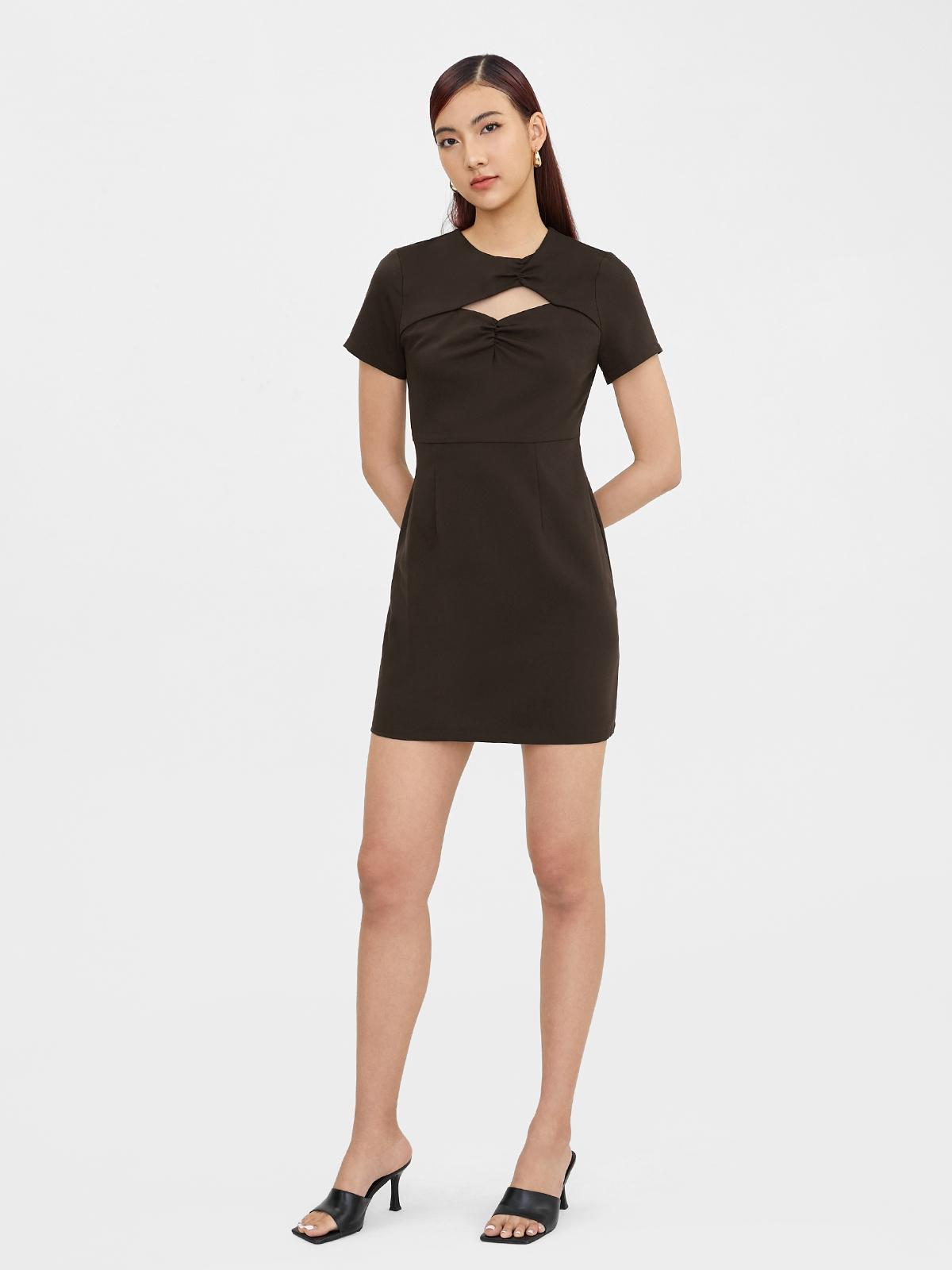 Ruched Neck Accent Dress - Dark Brown