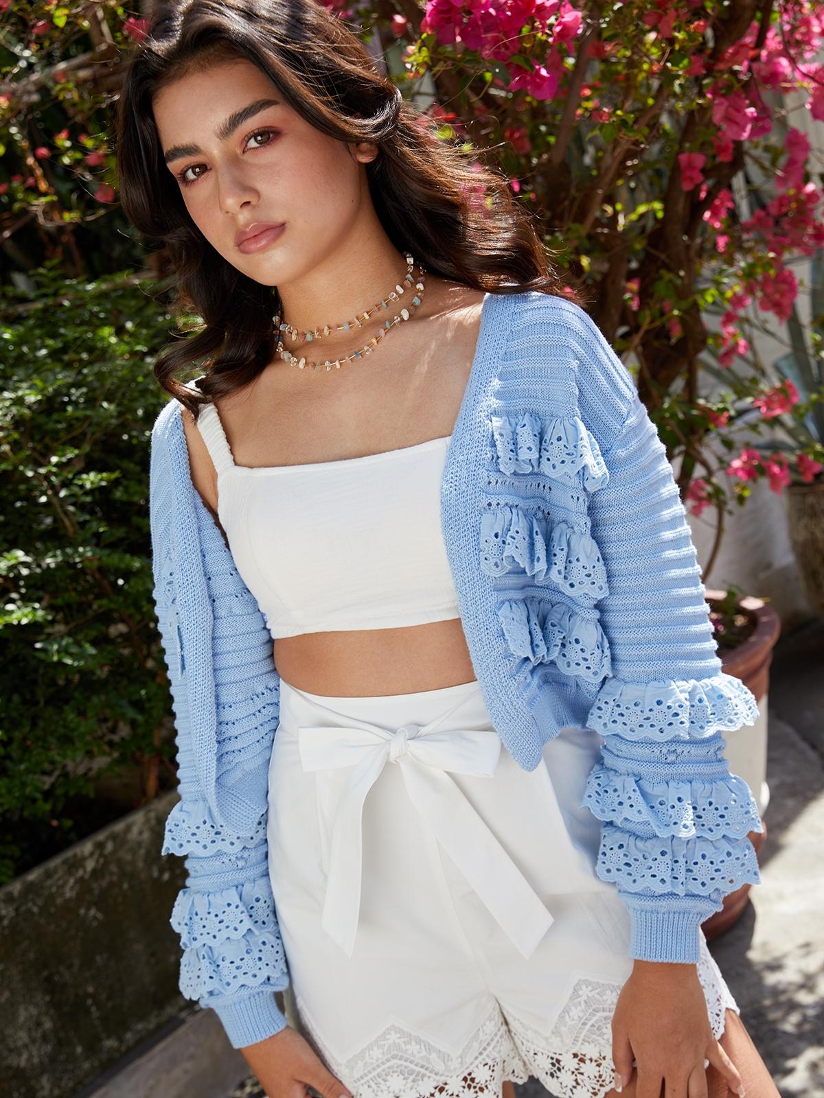 Sustainable Frilled Sleeve Cardigan - Blue