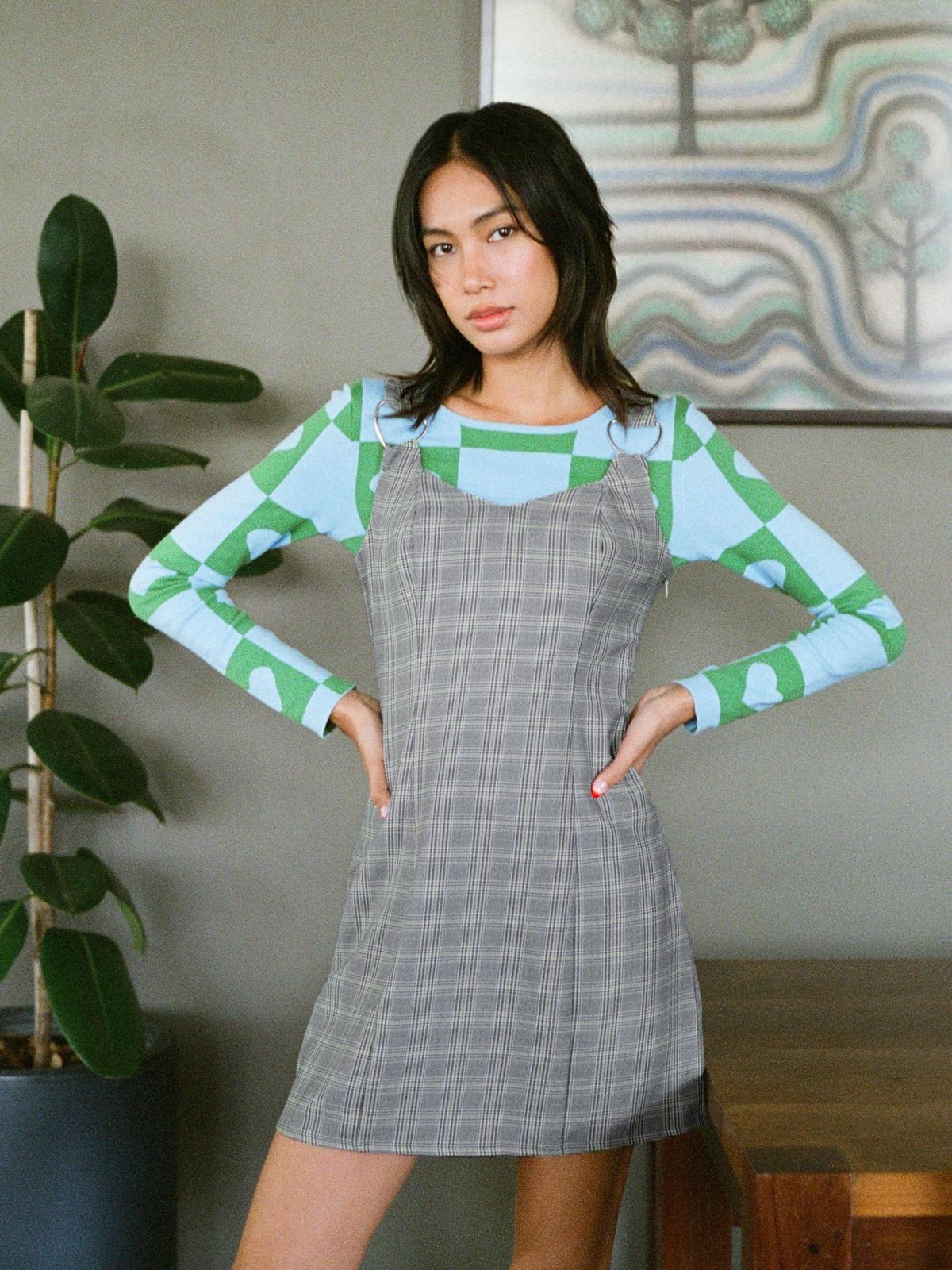 Plaid Sweetheart Buckled Strap Dress - Black