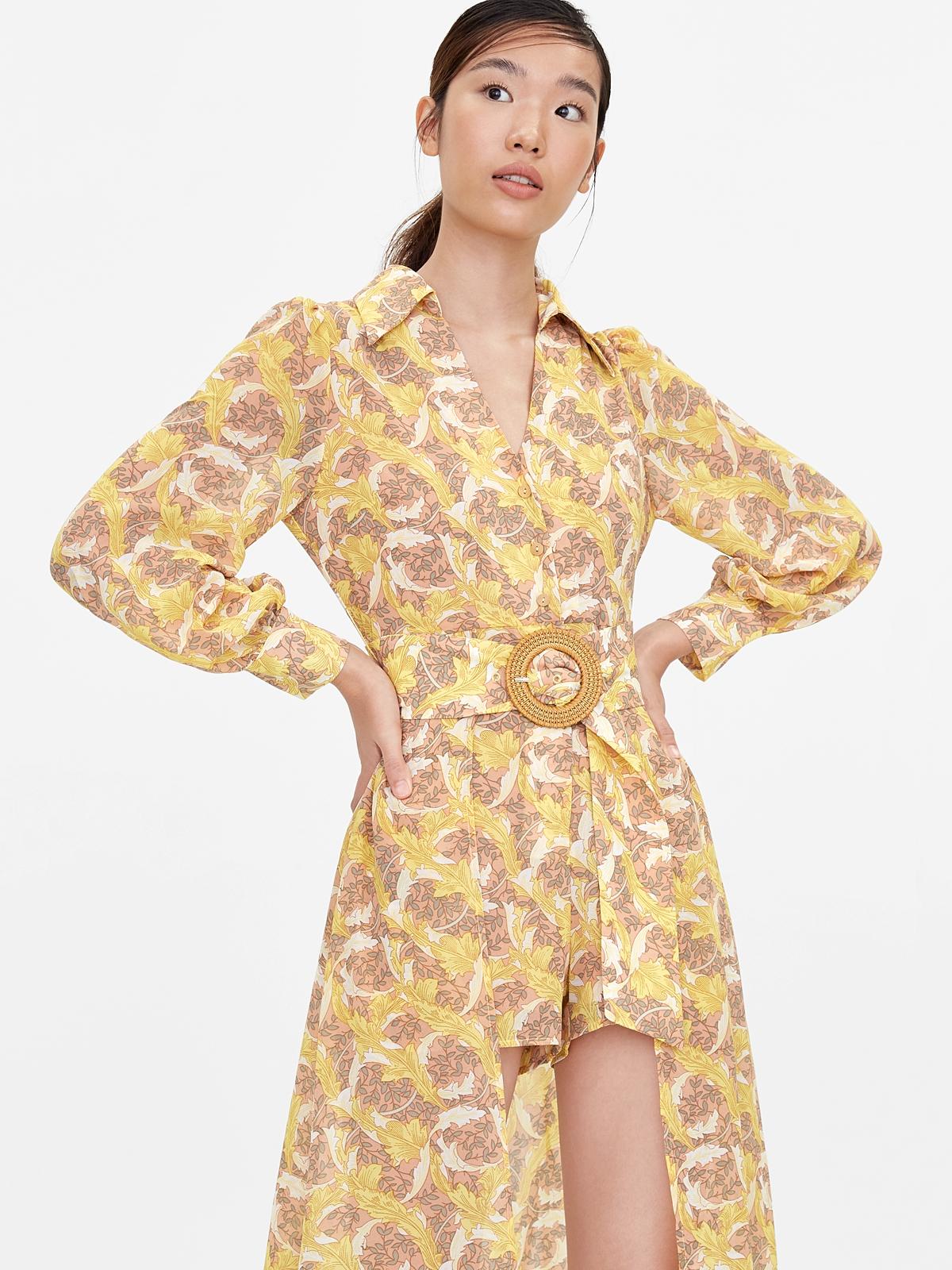 Leaf Print Belted Romper Dress - Pink