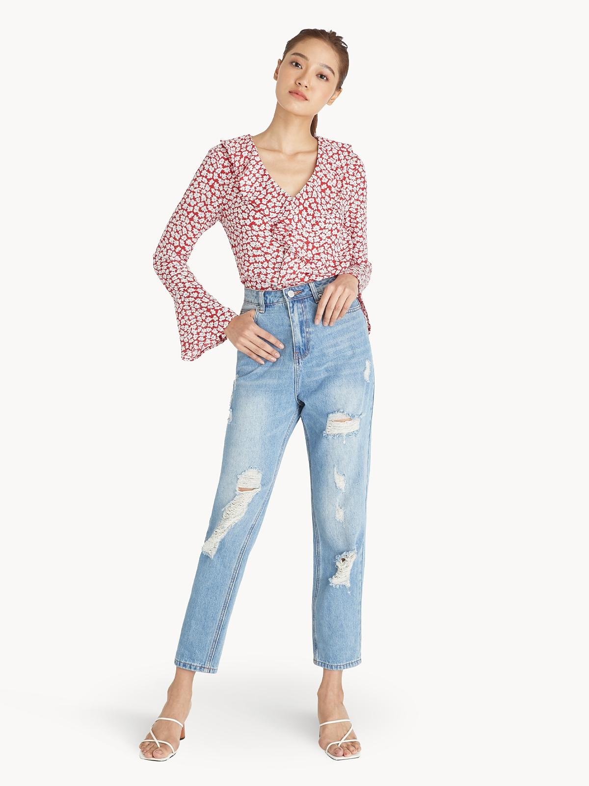 Floral Ruffled Bell Sleeve Blouse - Red