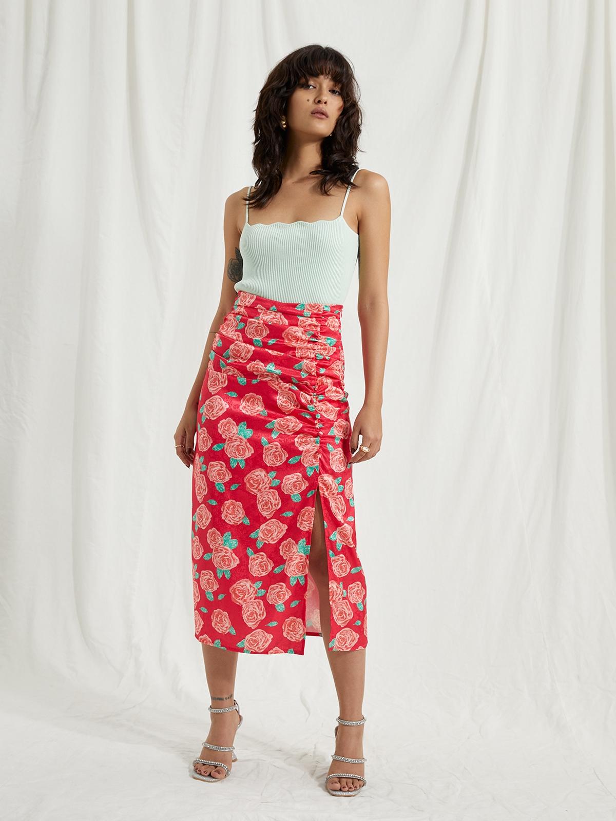 Flower Print Midi Skirt - Red
