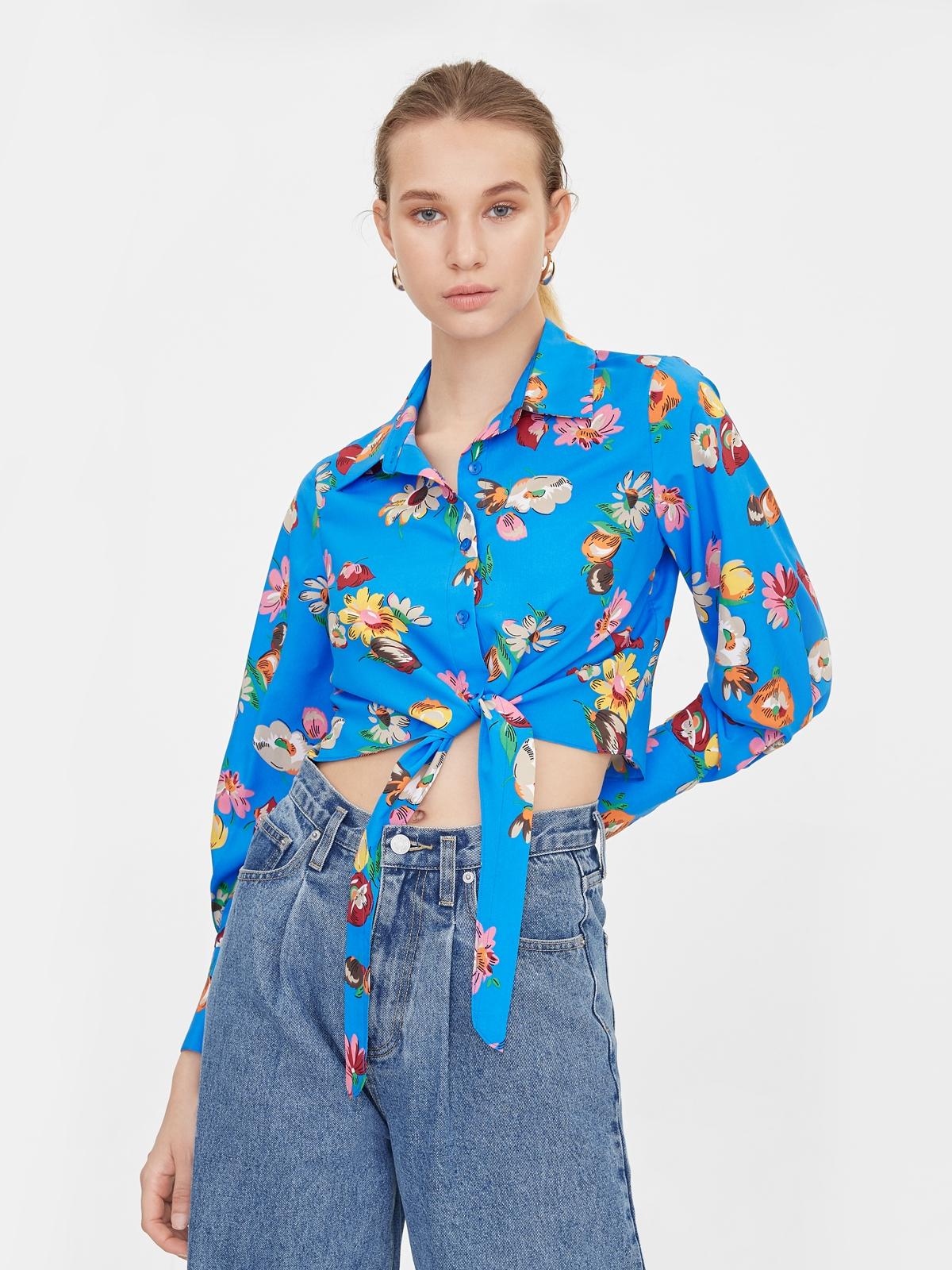 Floral Print Tie Front Crop Top - Blue