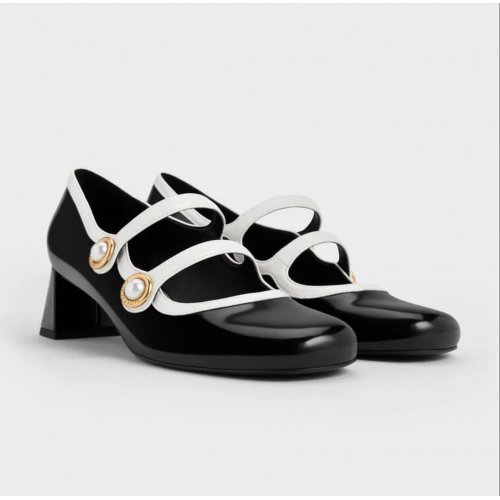  Pearl-Buckle Two-Tone Mary Jane Pumps - Black Box 