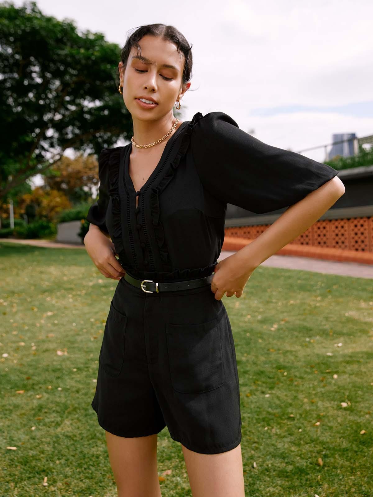 Sustainable Front Tie Paperbag Shorts - Black