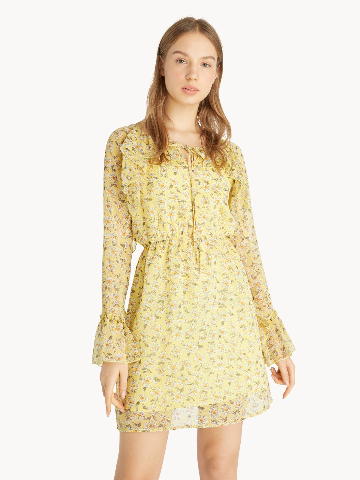 Mini Sheer Floral Ruffled Dress - Yellow