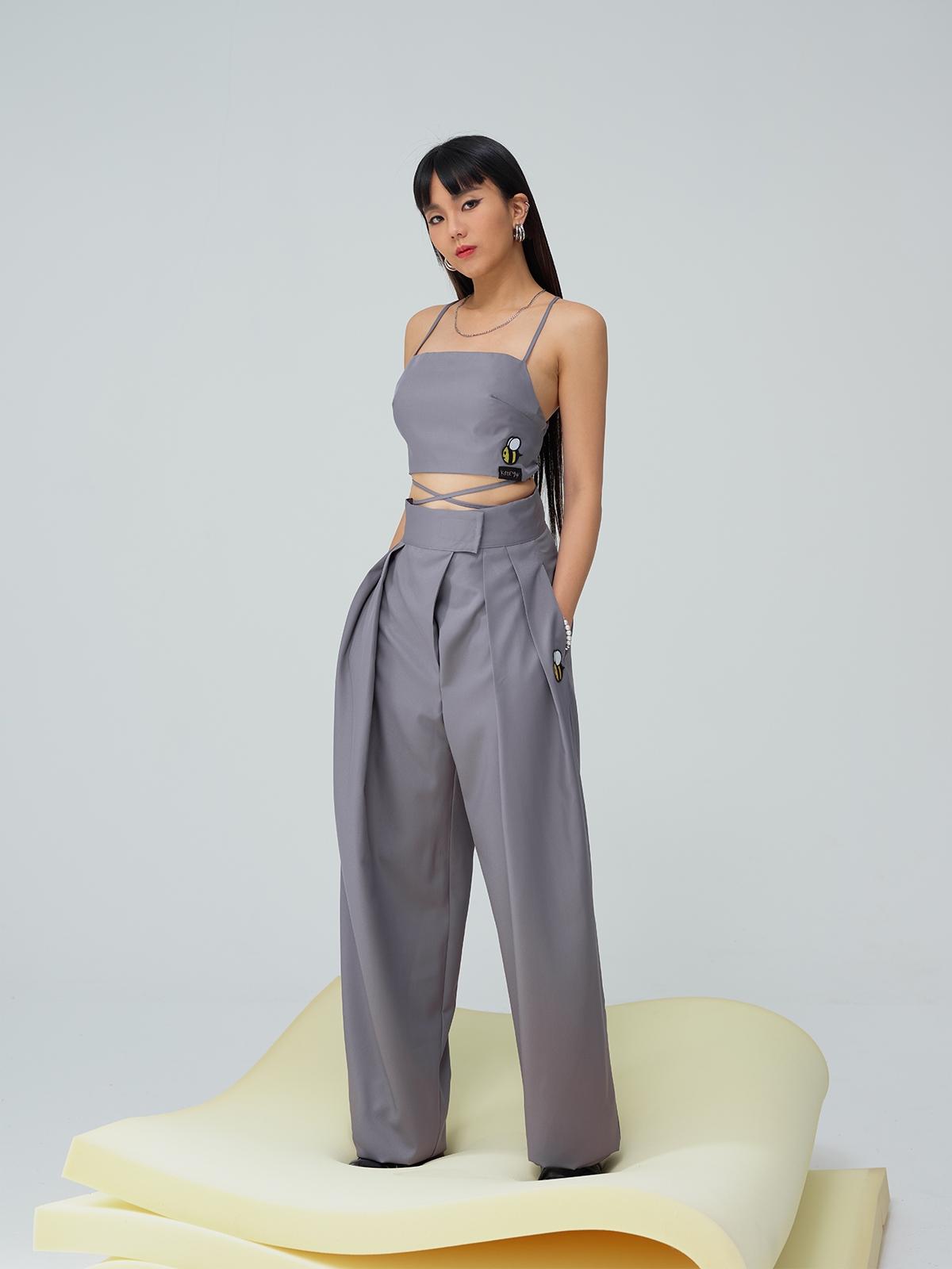 Bee Patch High Waist Flare Pants - Grey