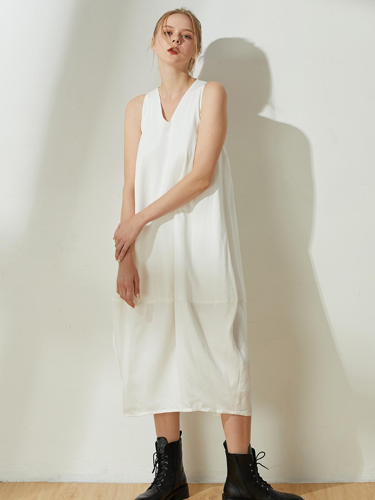 Hekate V Neck Cupro Cocoon Dress - White