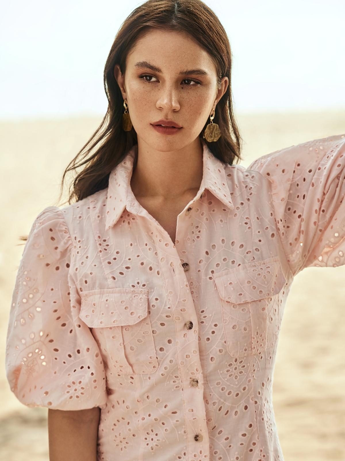 Eyelet Button Up Puffed Sleeves Dress - Pink