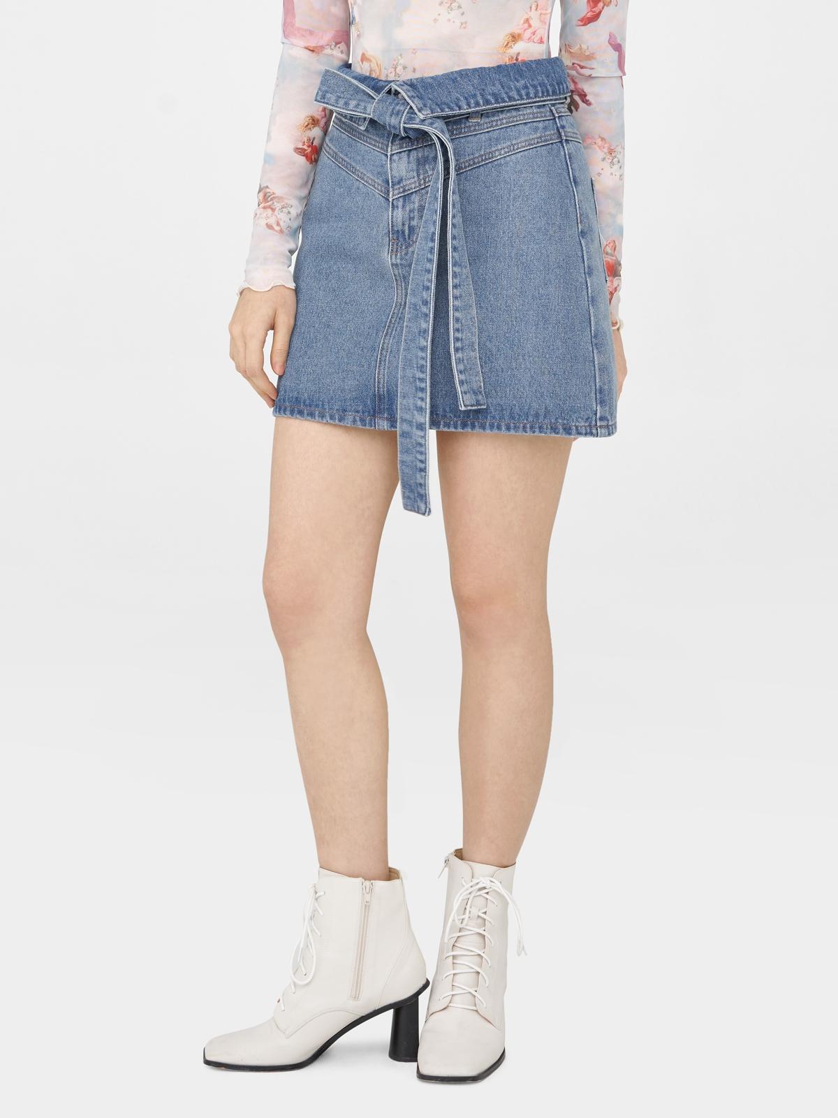 Mini Front Tie Denim Skirt - Blue