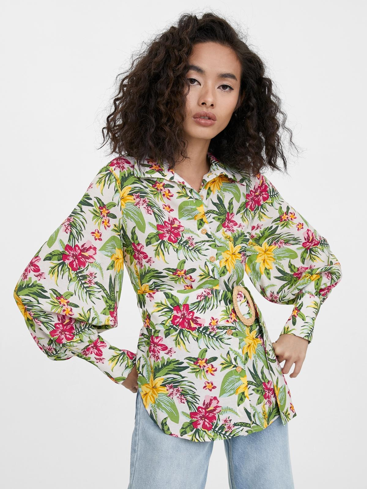 Floral Print Bishop Sleeve Shirt - White