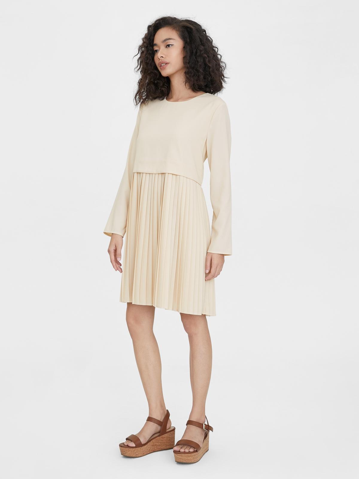 Long Sleeve Loose Pleated Dress - Cream