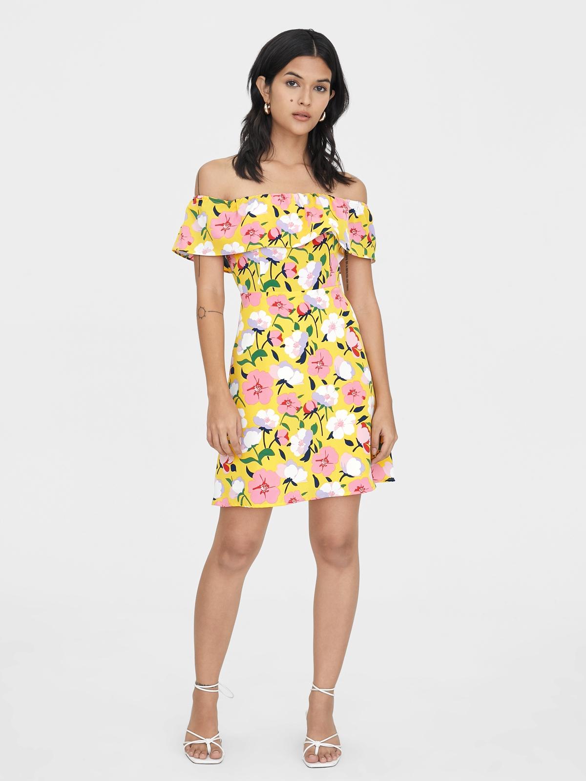 Mini Ruffled Off the Shoulder Dress - Yellow