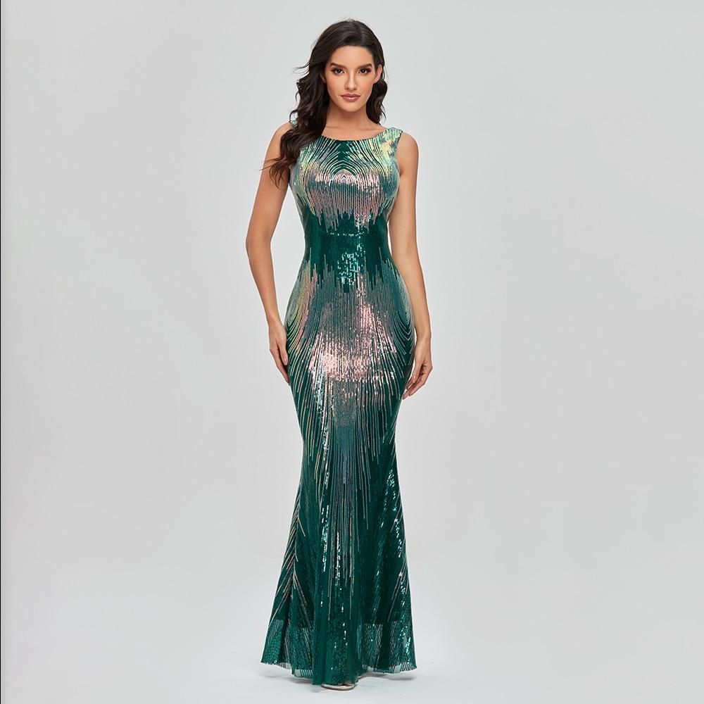 Sleeveless O-neck Evening Party Dress Shinning Sequins Mermaid Prom Gowns Elegant Slim Robe De Soriee Women Full Dress 2021 New