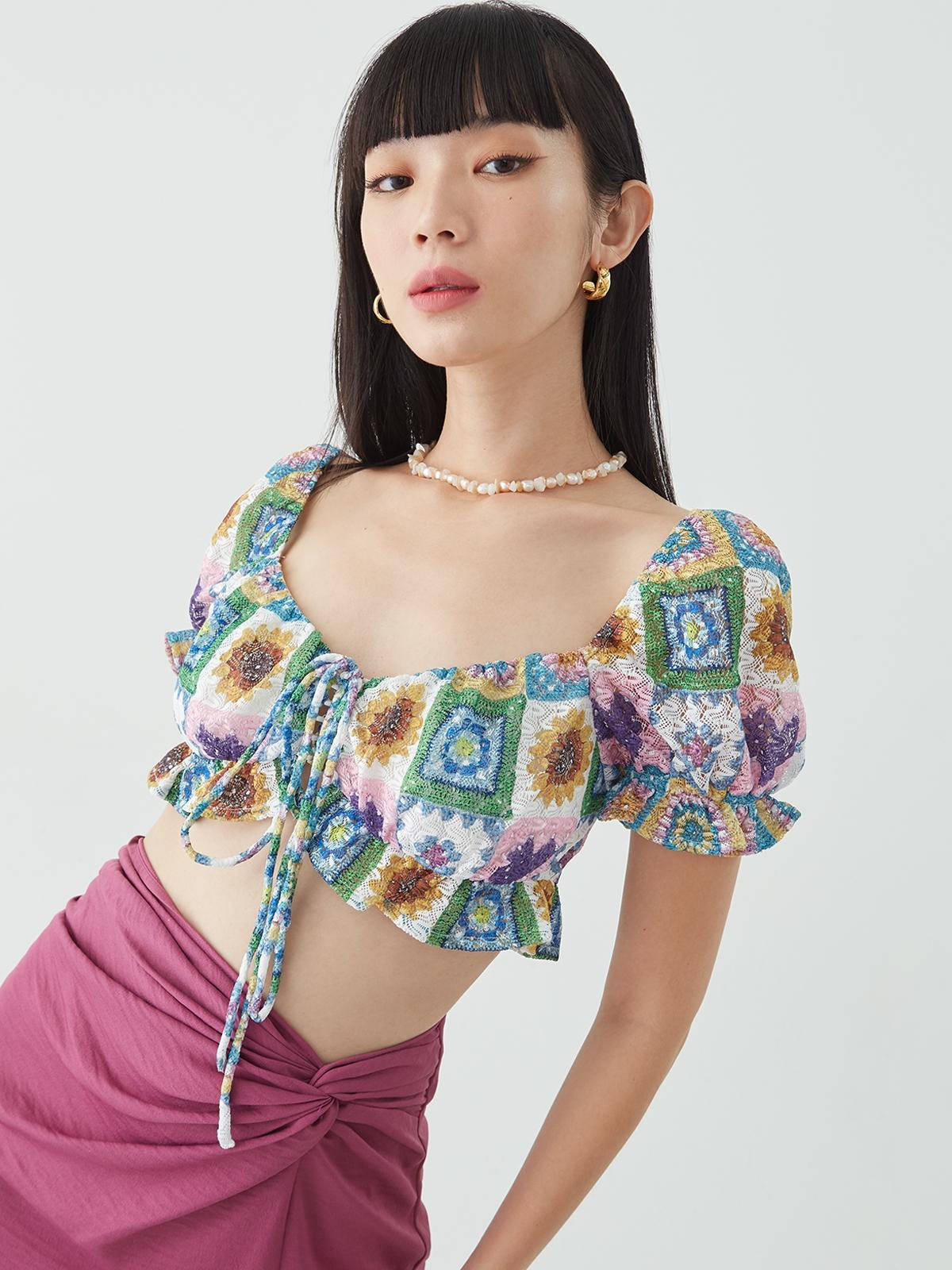 Crochet Short Sleeve Blouse -  Multi Color