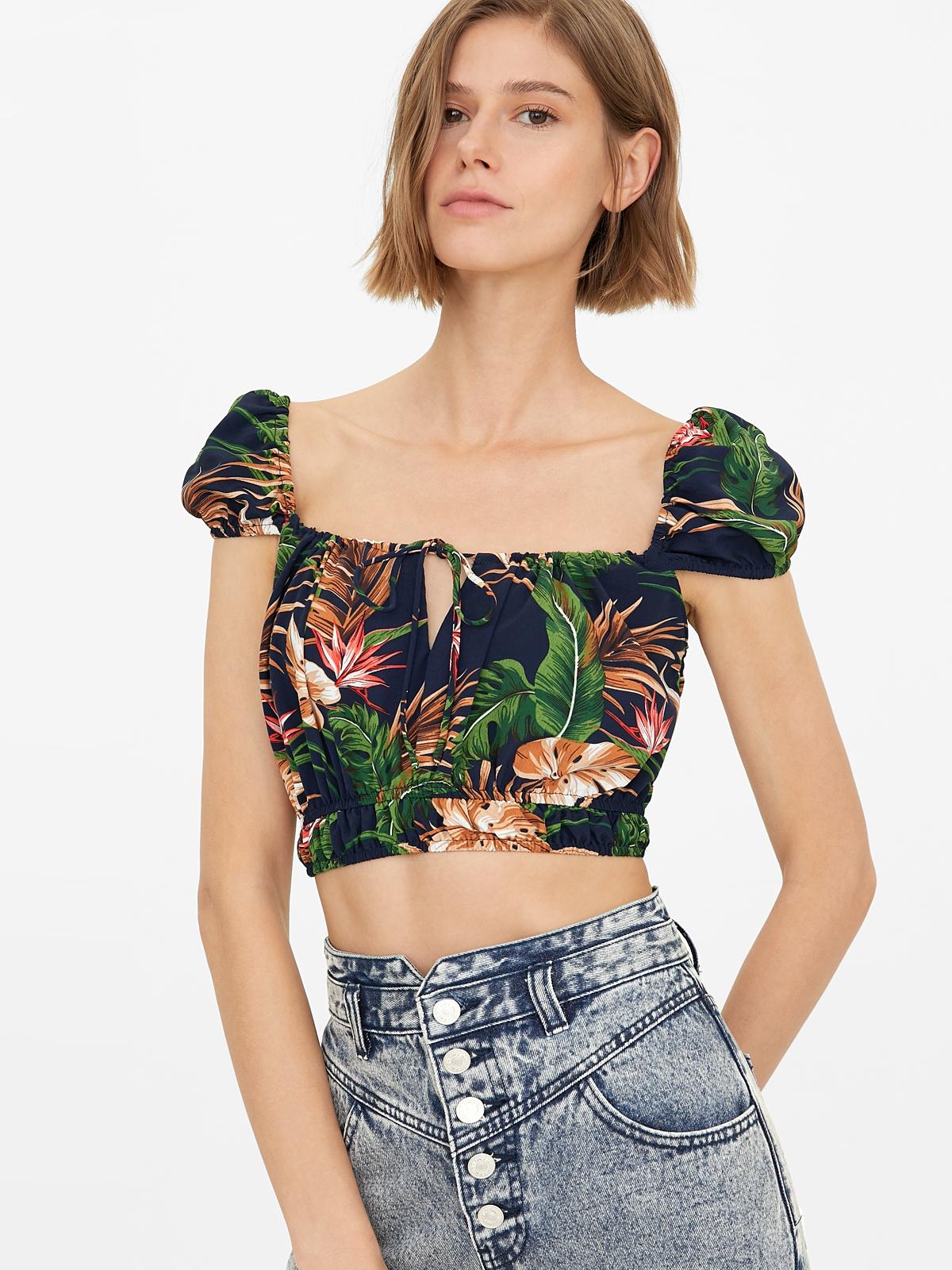 Cropped Hawaiian Print Top - Navy