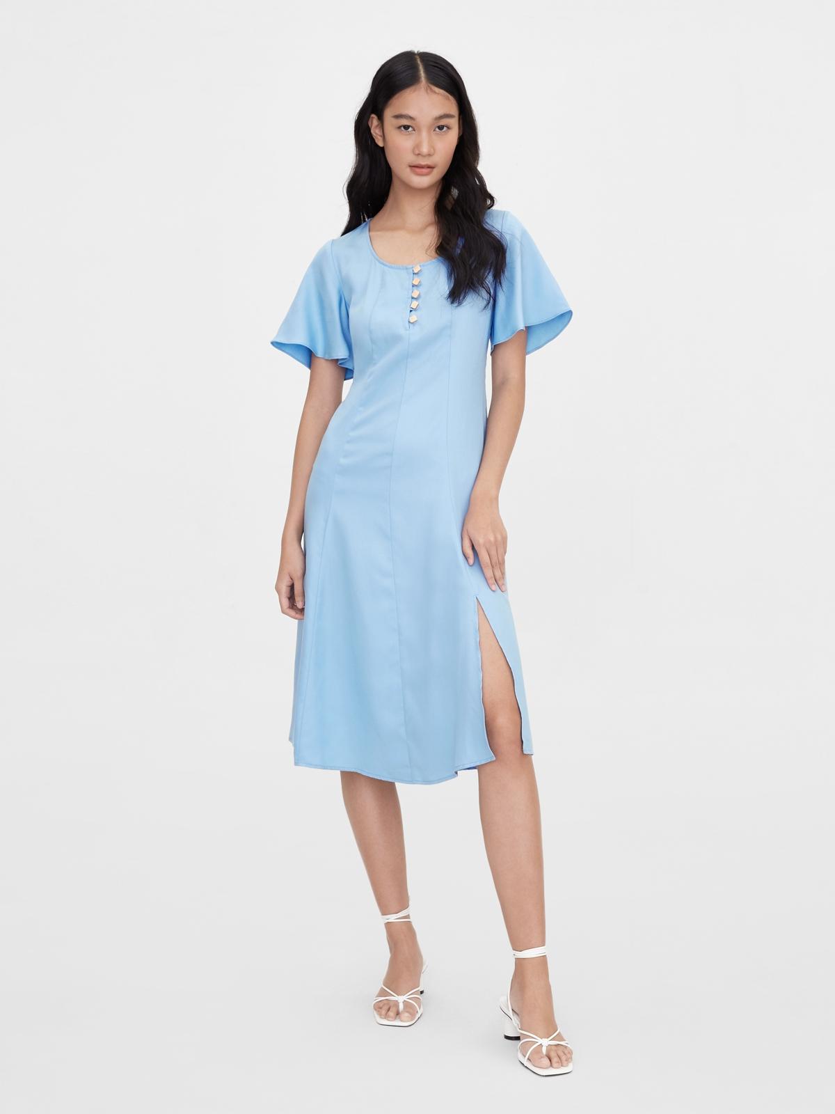 Sustainable Purpose Bell Sleeve Slit Dress - Blue