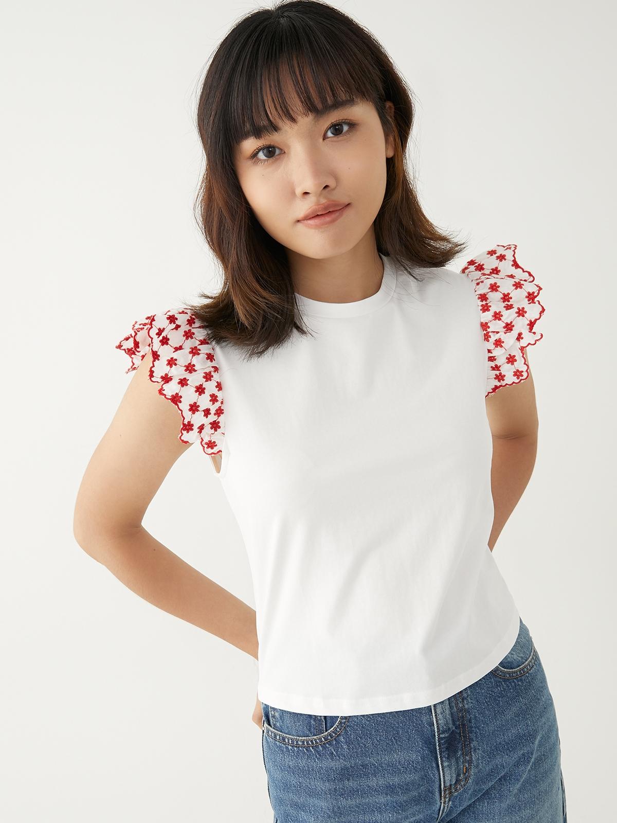 Flower Ruffled Sleeves Tees - White