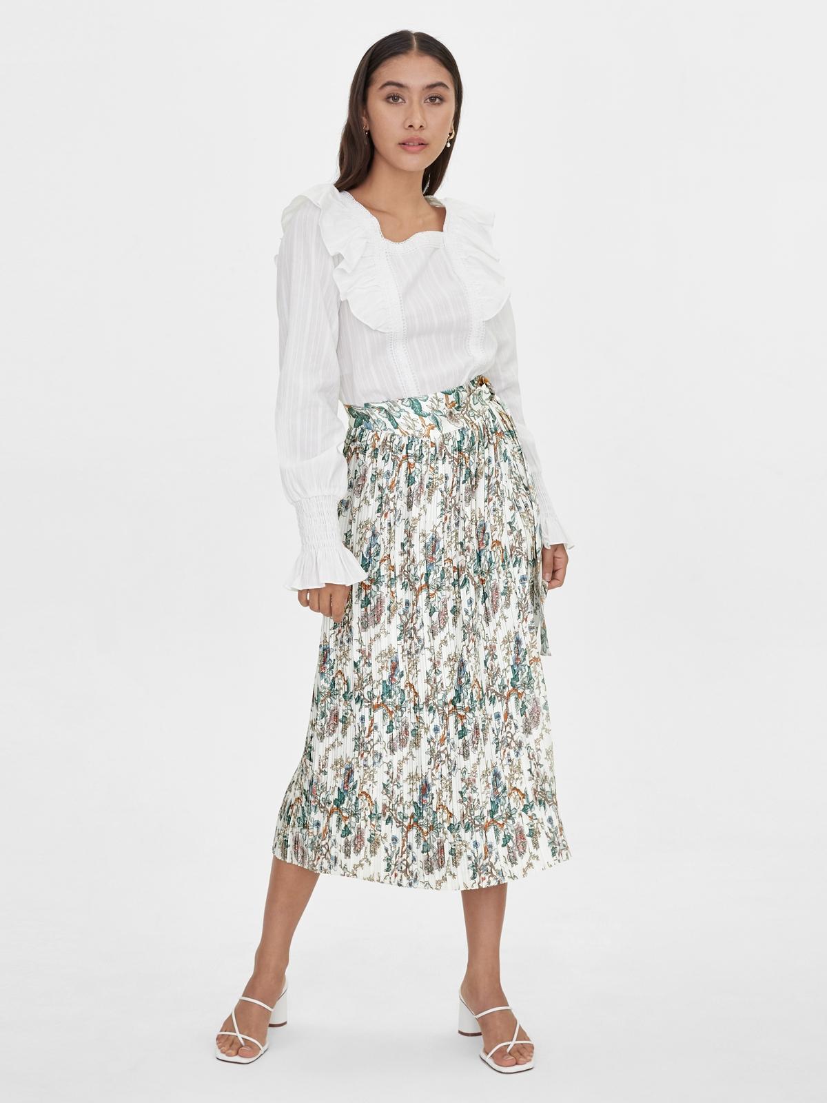 Midi Floral Printed Pleat Skirt - White