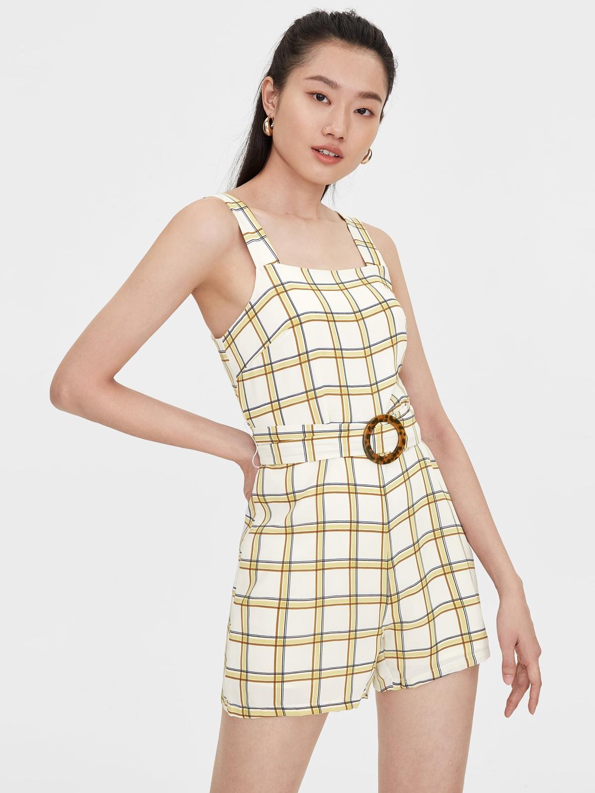 Plaid Tortoise Belt Romper - Green