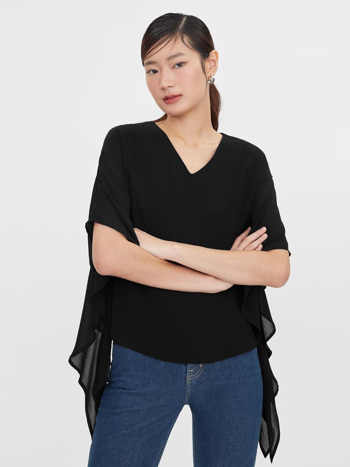 Flounce Sleeve Blouse - Black