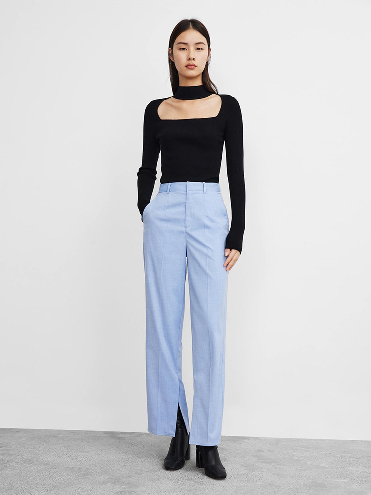 Hems Side Slit High Waist Long Pants - Stone Blue