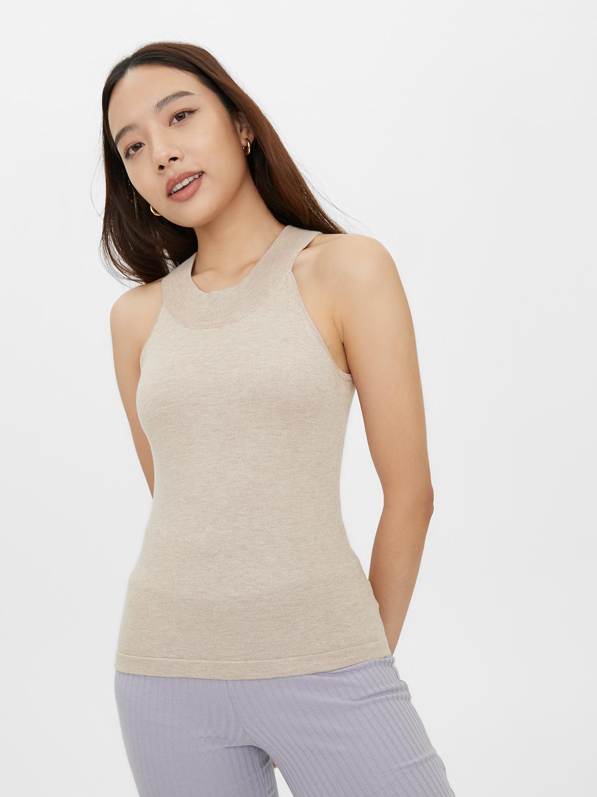 Rounded Crew Neck Sleeveless Top - Beige