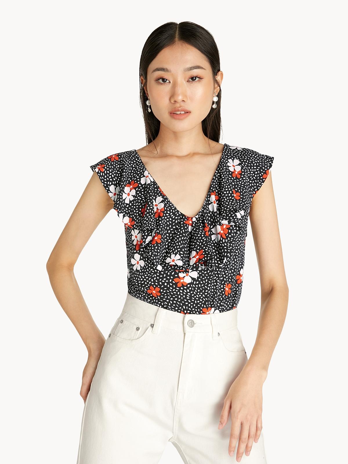 Scoop Neck Floral Bodysuit - Black