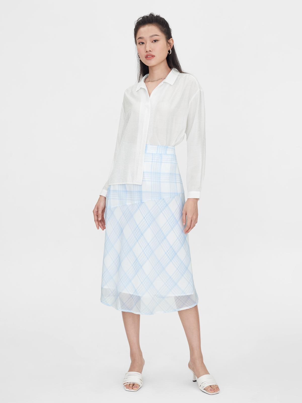 Plaid Asymmetric Semi Sheer Skirt - Blue