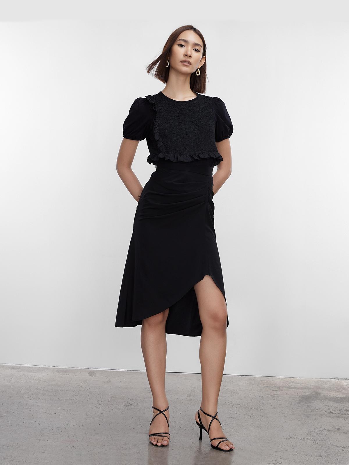 Front Smocked Puffed Sleeve Blouse - Black