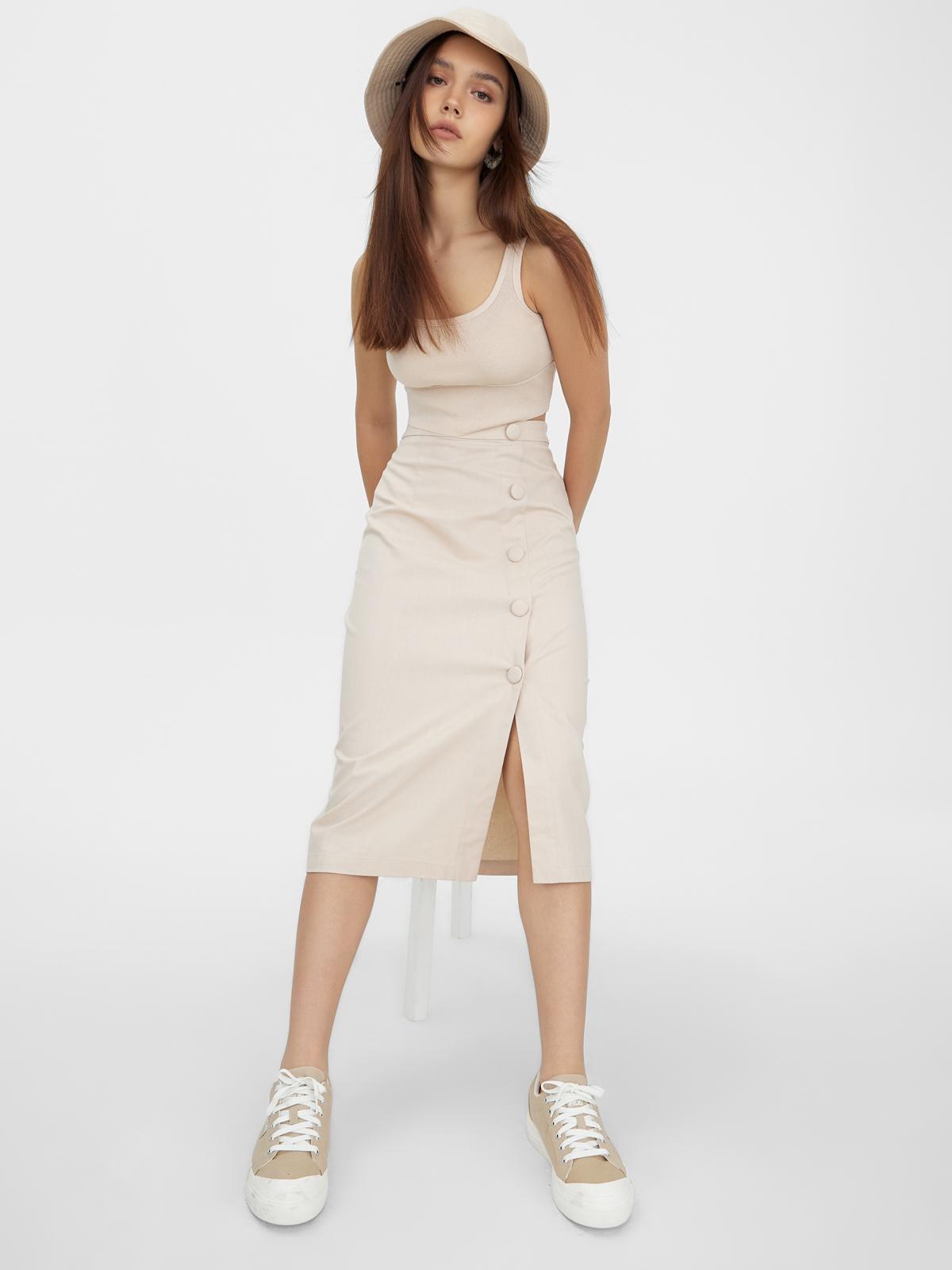 Side Buttoned High Waist Skirt - Beige