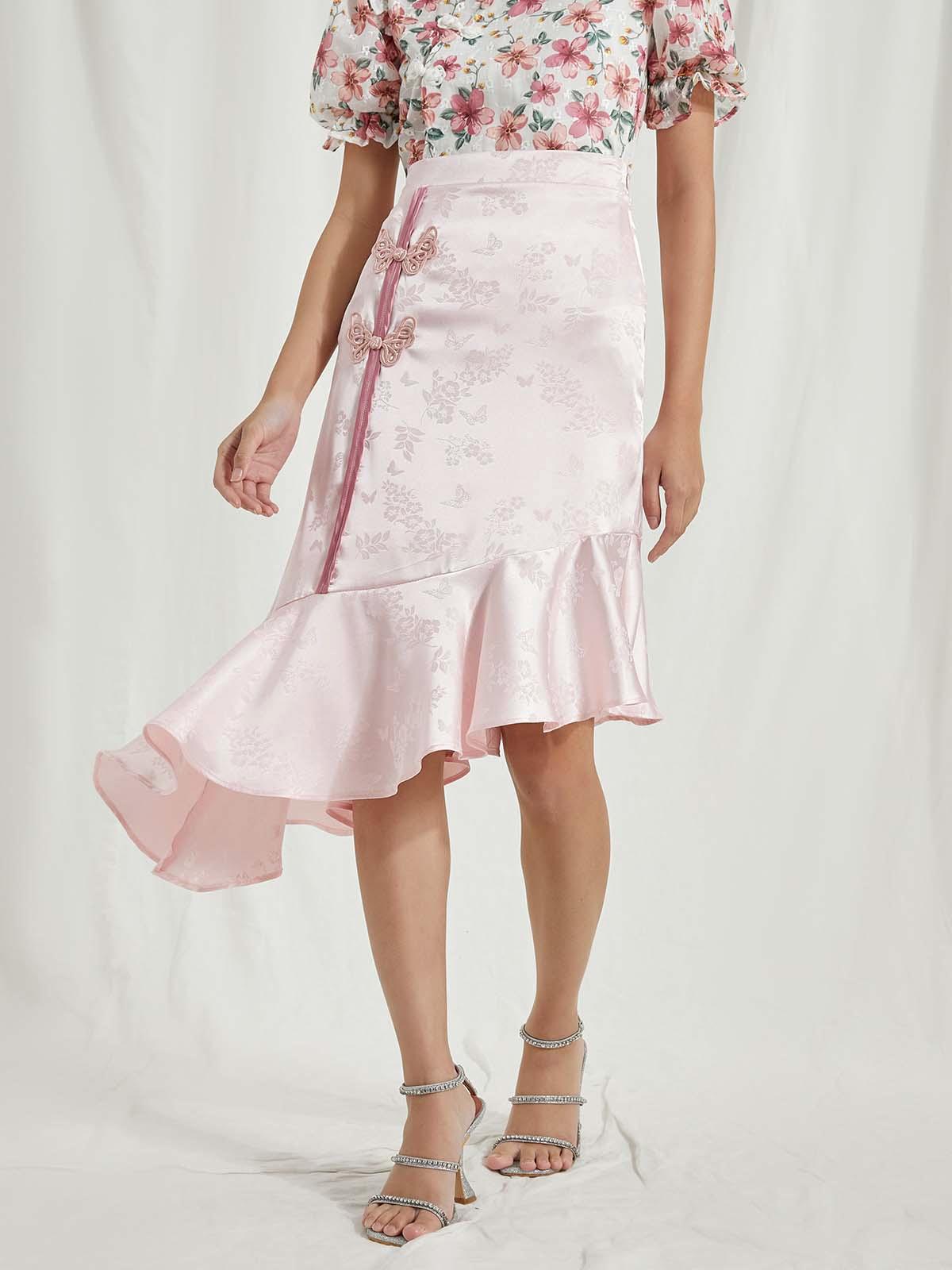 High-Waisted Asymmetric Hem Skirt - Pink