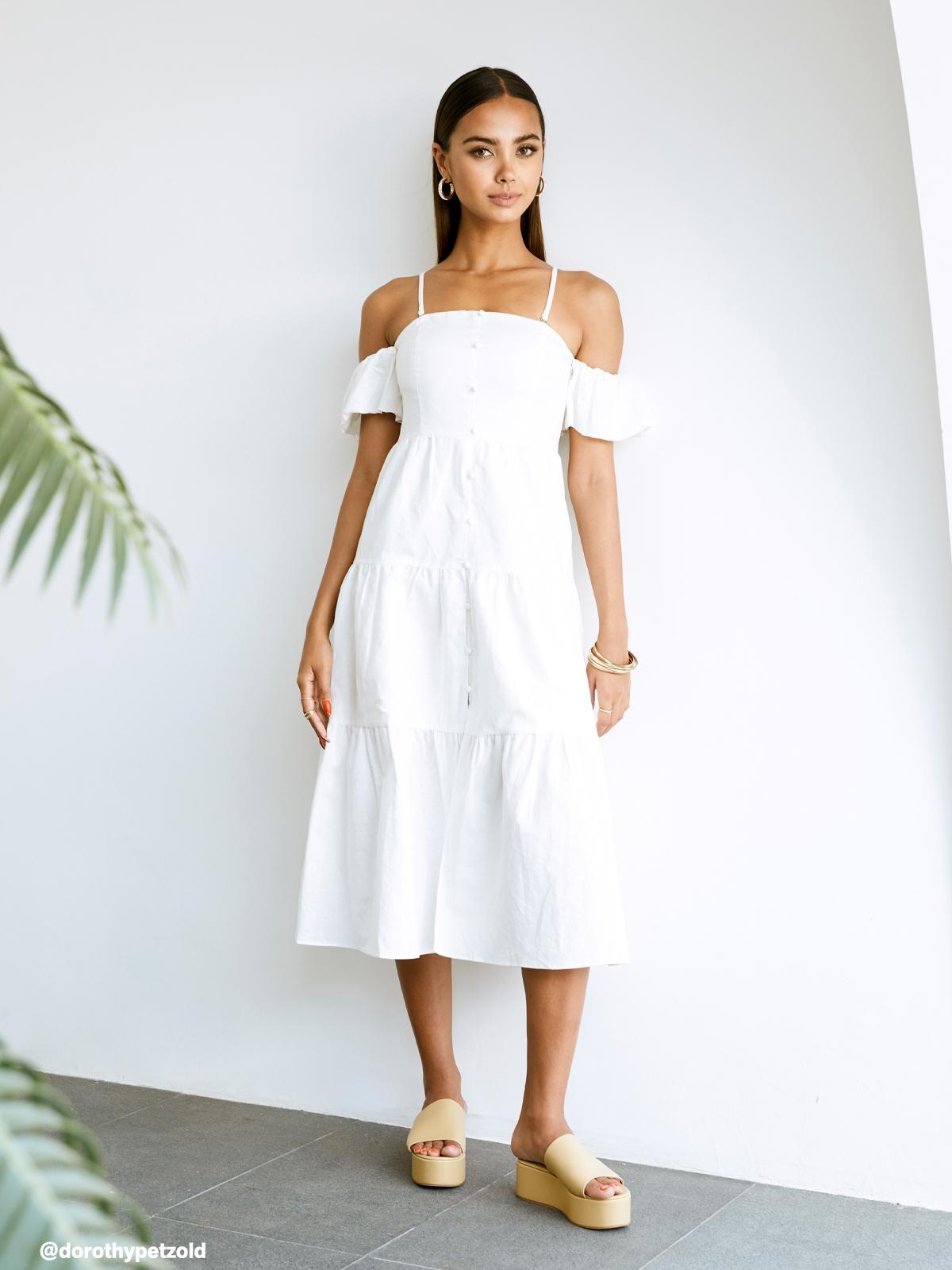 Cold Shoulder Ruffle Buttoned Dress - White
