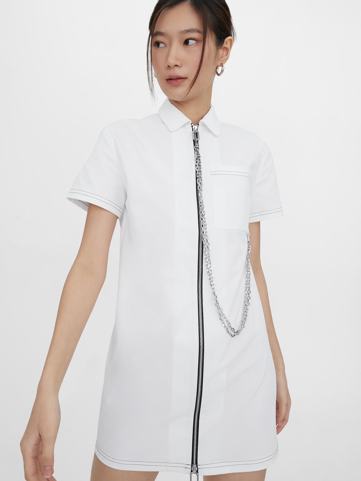 Chain Front Zip Dress - White